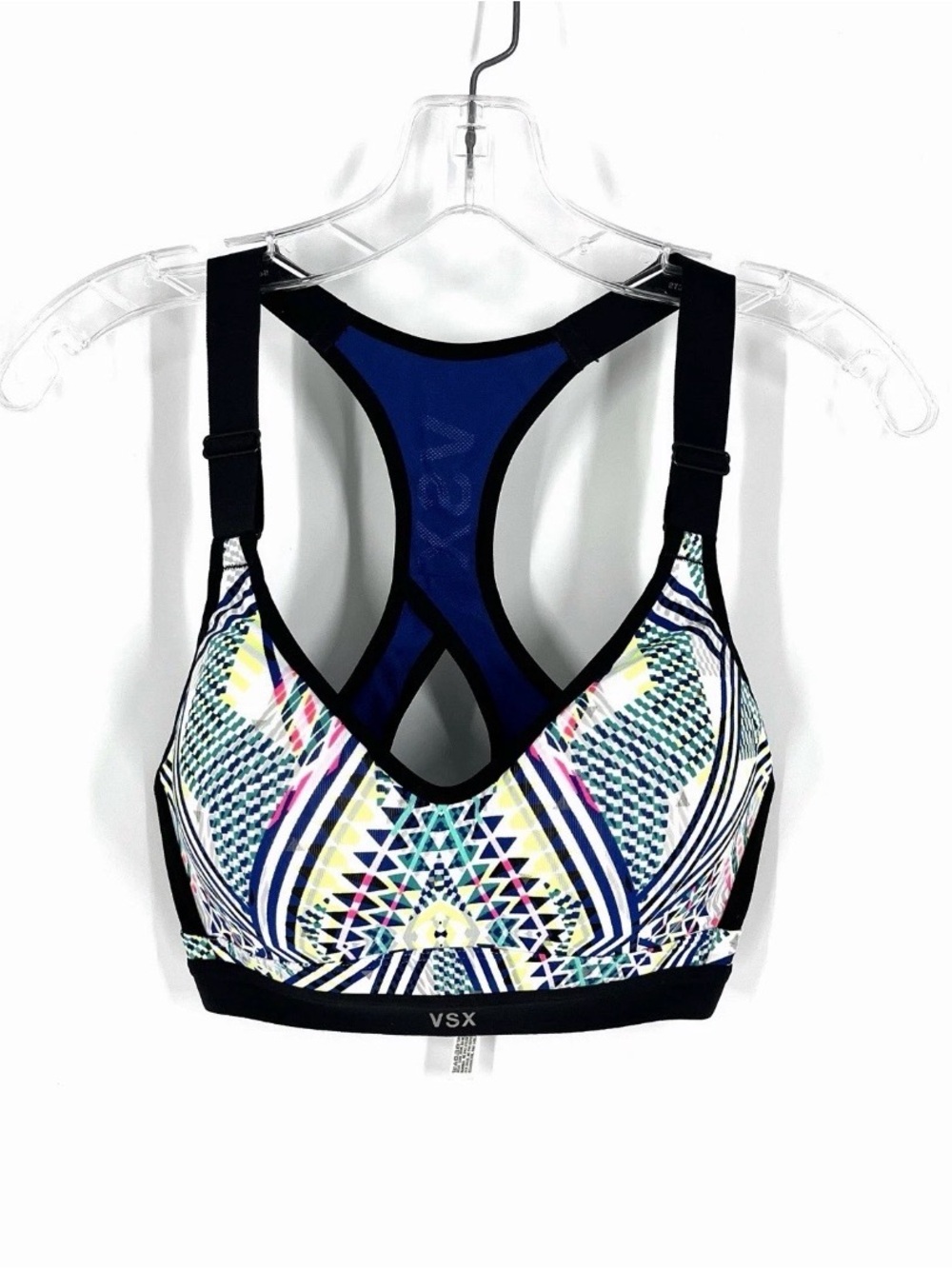VSX Geometric Multi-Color Racerback Sports Bra with Blue Back